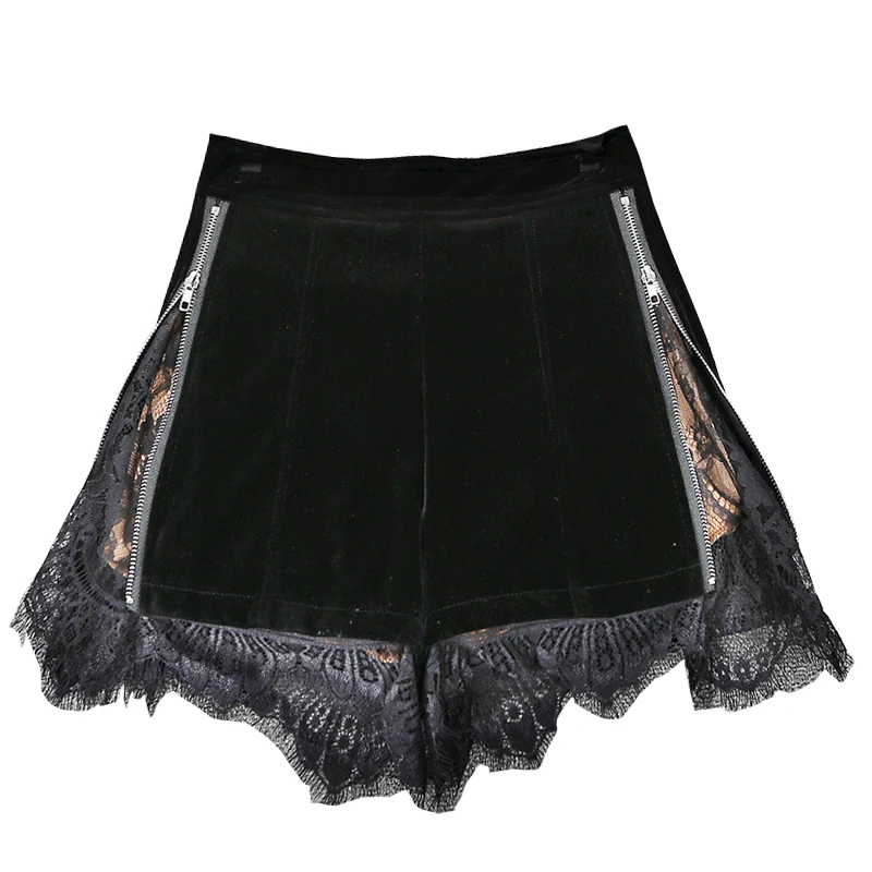 2023 Spring Summer Women New Lace Edge High Waist Slim Western Style A-Line Shorts Female Velvet Zipper Wide Leg Shorts Black
