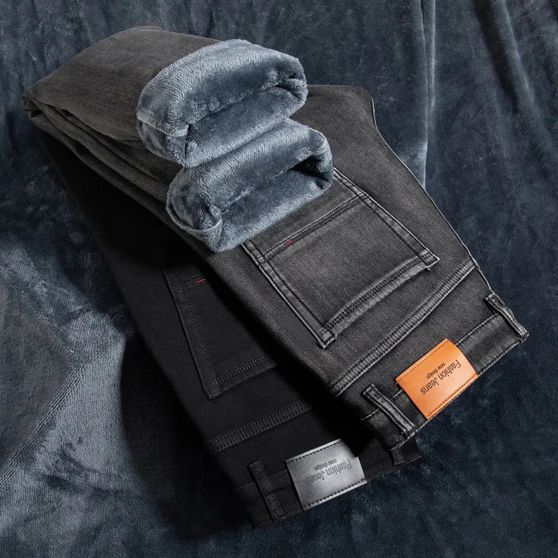 

Winter Warm Men's Straight Fleece Jeans Elastic Thickened Fashion Smoke Gray Black Business Casual Denim Trousers