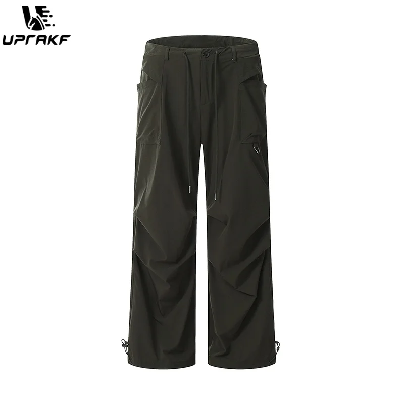 UPRAKF Cargo Pants Straight-leg Trousers Comfort Casual Autumn Pantalones Solid Color Loose Pleated Drawstring