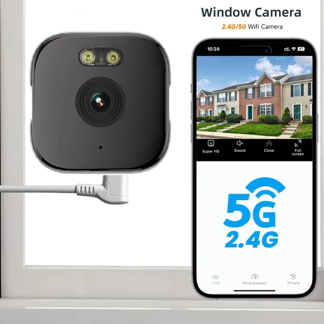 Caméra de fenêtre 4K, WiFi 5GHz, caméra intérieure pour la sécurité domestique, vision nocturne couleur, détection de mouvement, enregistrement 24/7, installation rapide 1