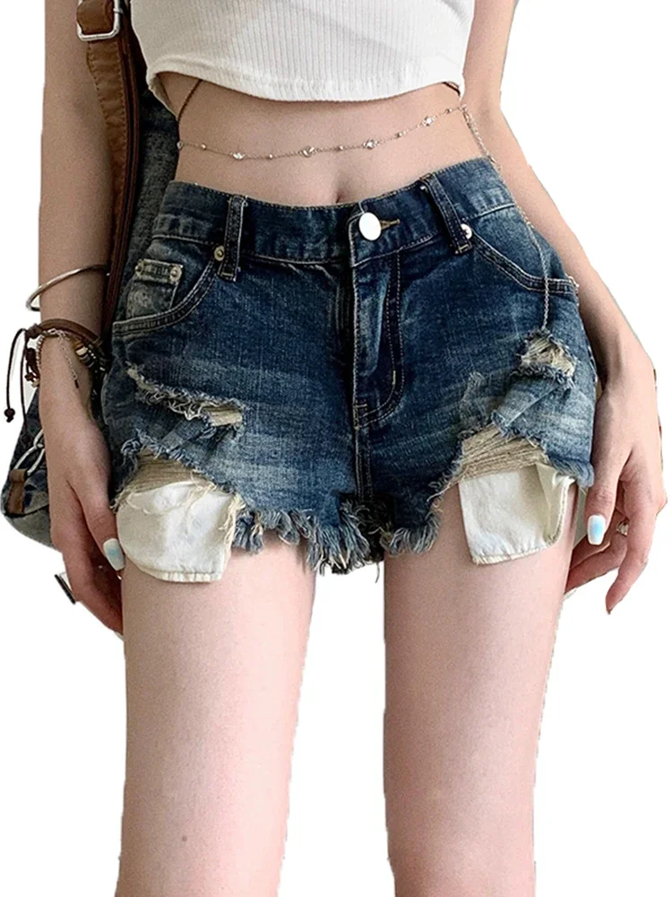 Summer New Vintage Blue Simple Denim Shorts for Women Chic Hollow Out Basic High Waist Fashion XS-XL Casual Female Demin Shorts