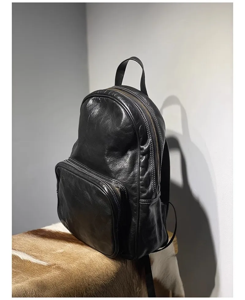 Simple vintage luxury genuine leather men's women's backpack handmade natural high-quality soft real cowhide female schoolbag