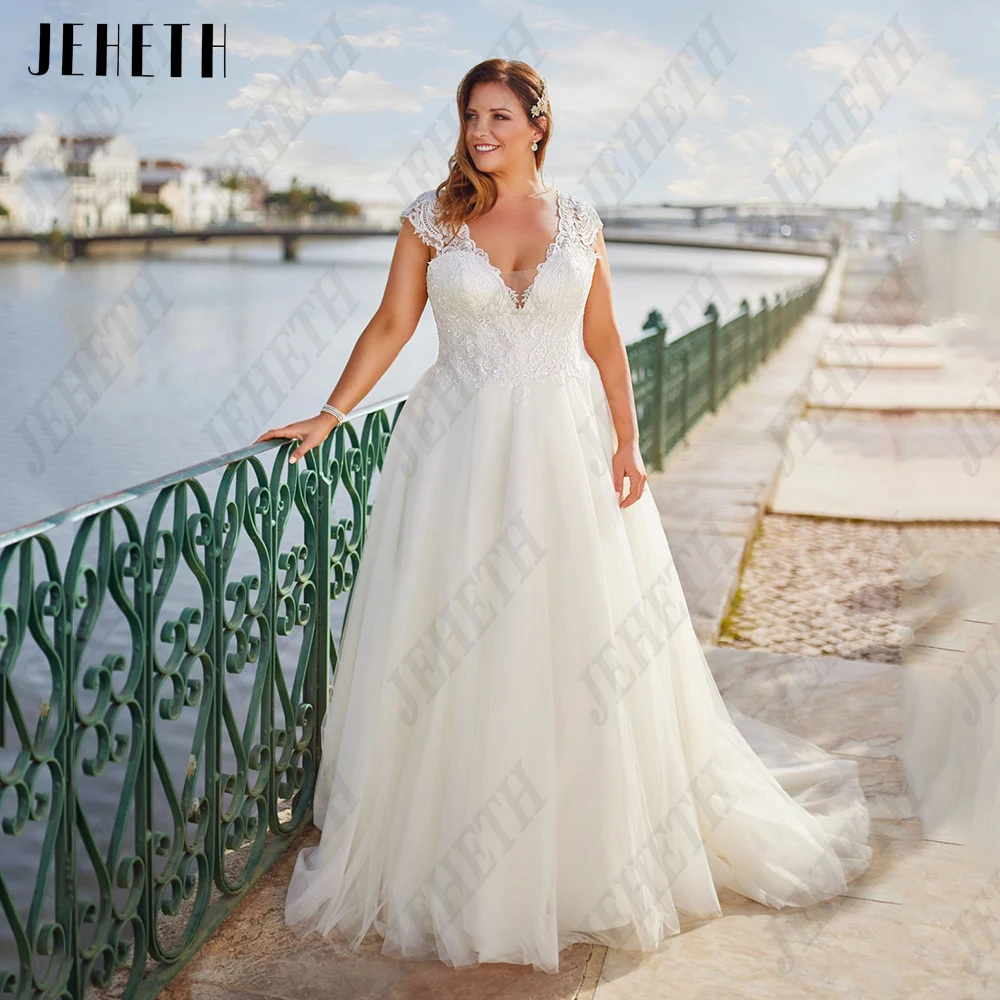 

JEHETH Classic Wedding Dresses Plus Size Cap Sleeves Lace Up Back Bride Gowns Lace Applique A-Line vestidos de novia New 2023