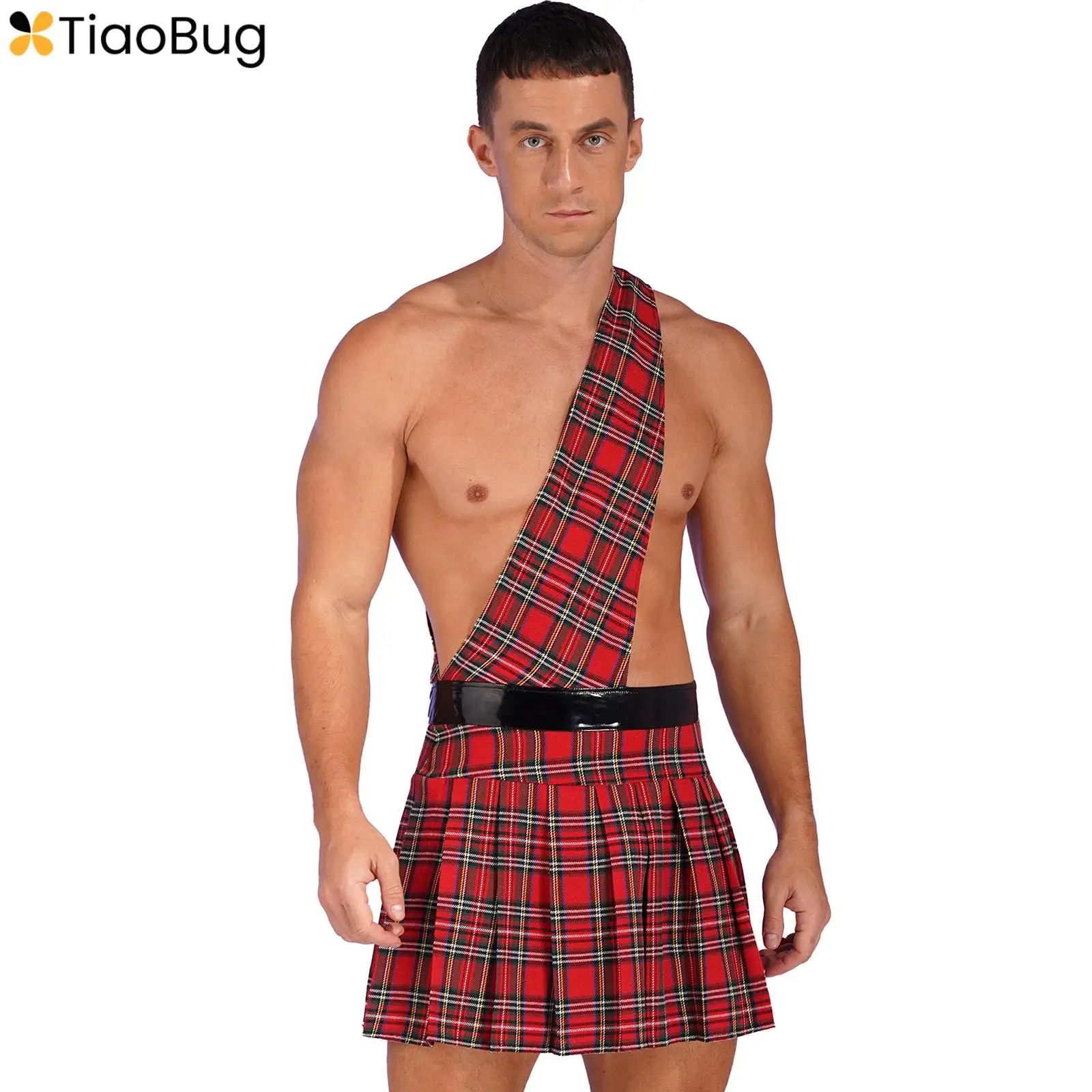 

Mens Scottish Kilt Halloween Party Costume Gladiator Uniform One Shoulder Strap Plaid Skirt Festival Cosplay Outfit Clubwear