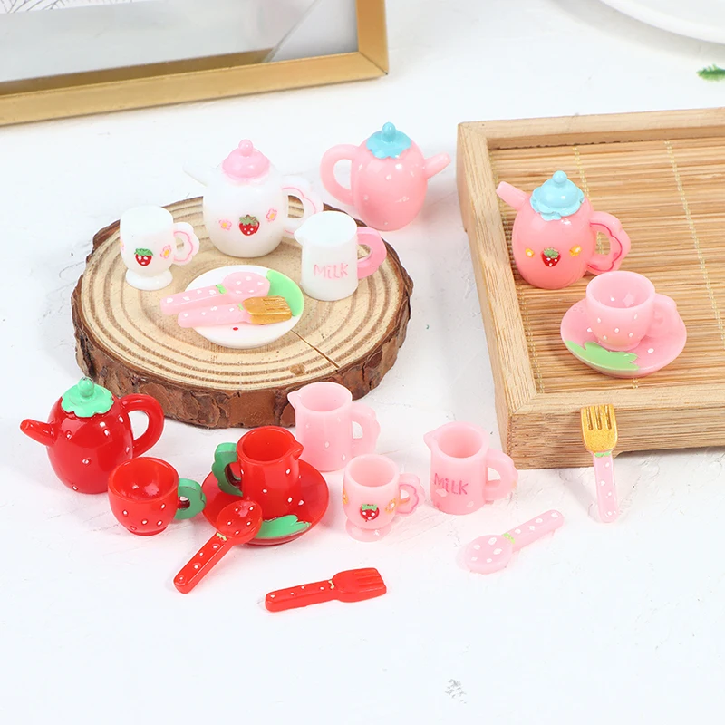 1:12 Dollhouse Miniture Teapot with Teacup Knife Fork Furniture Accessories For Doll House Decoration Kids Pretend Play Toys