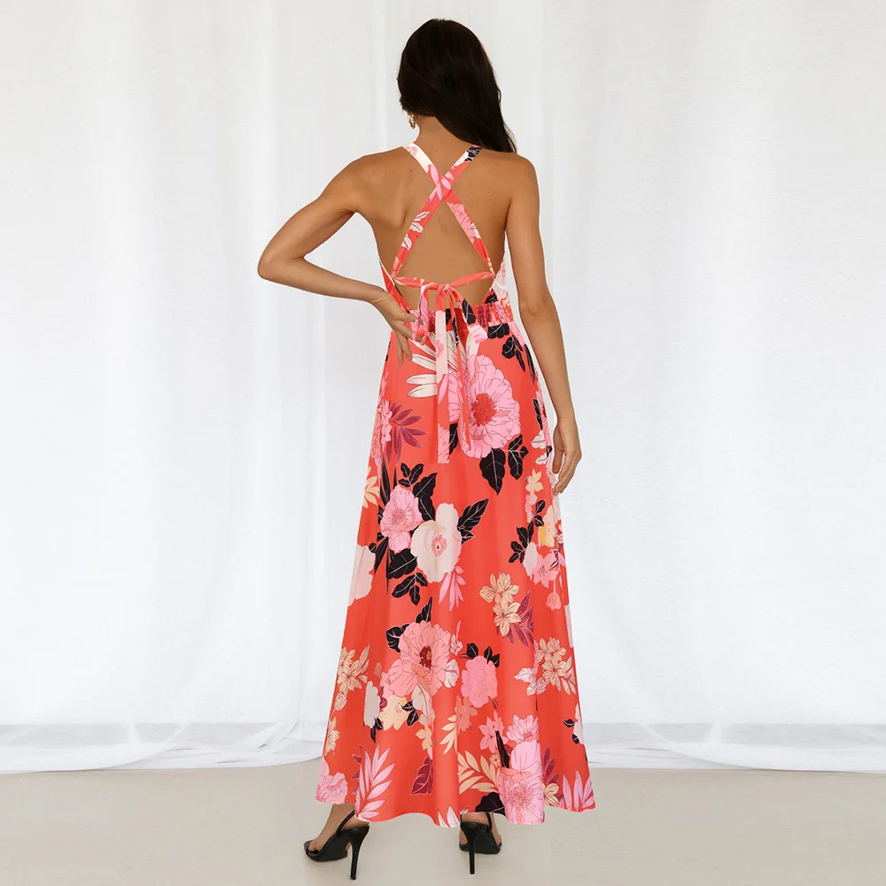 Sexy Sleeveless Floral Skirt 2022Spring And Summer Retro Slim Temperament Long Beach Skirt Bohemia Long Dress Vintage Boho Dress maxi dresses