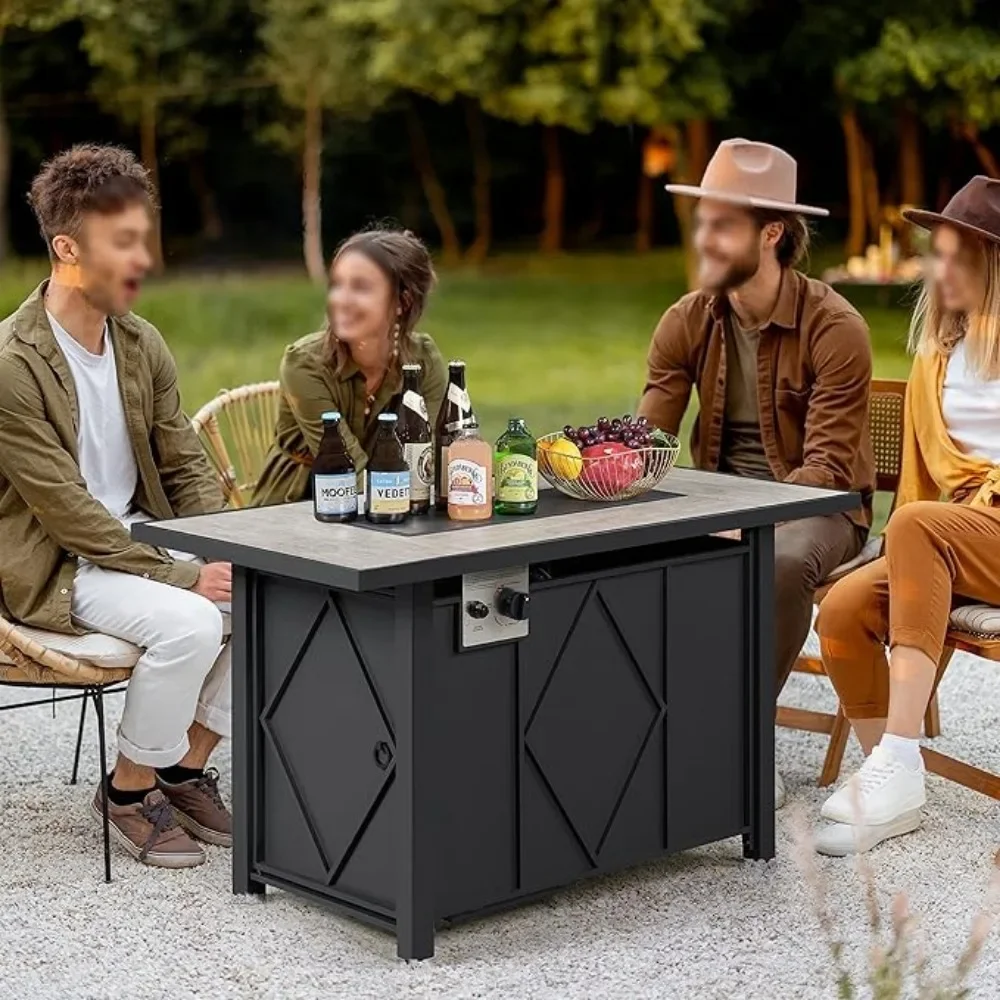 43 Inch Gas Fire Pit Table 50,000 BTU Auto-Ignition 2 in 1 Gas Firepit Ceramic Tabletop Steel Base Pits