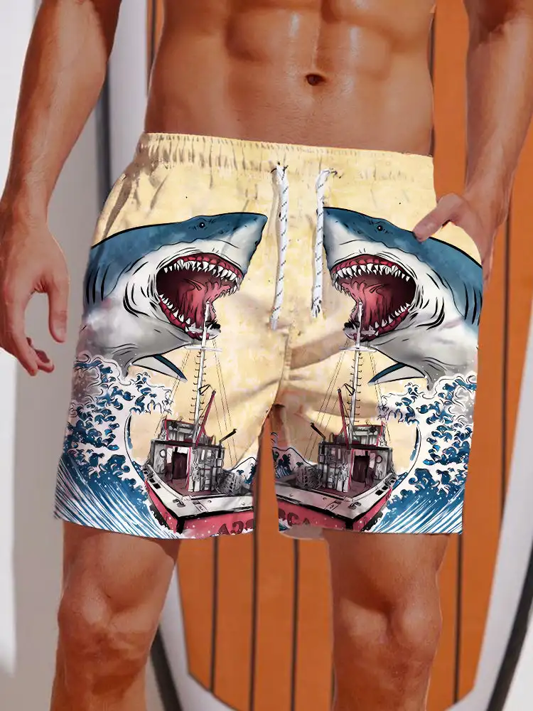 3D Printed Ukiyo-E Giant Fierce Shark And Cruise Ship Printing Shorts Men's Board Shorts Swim Trunks Drawstring Breathable Short 2