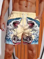 3D Printed Ukiyo-E Giant Fierce Shark And Cruise Ship Printing Shorts Men's Board Shorts Swim Trunks Drawstring Breathable Short 2