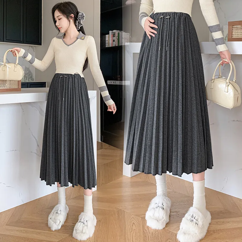 C72094# Maternity Skirt A Line Pleated Design Skirts Korean Style Maxi Dress Midi Pregnancy Skirt