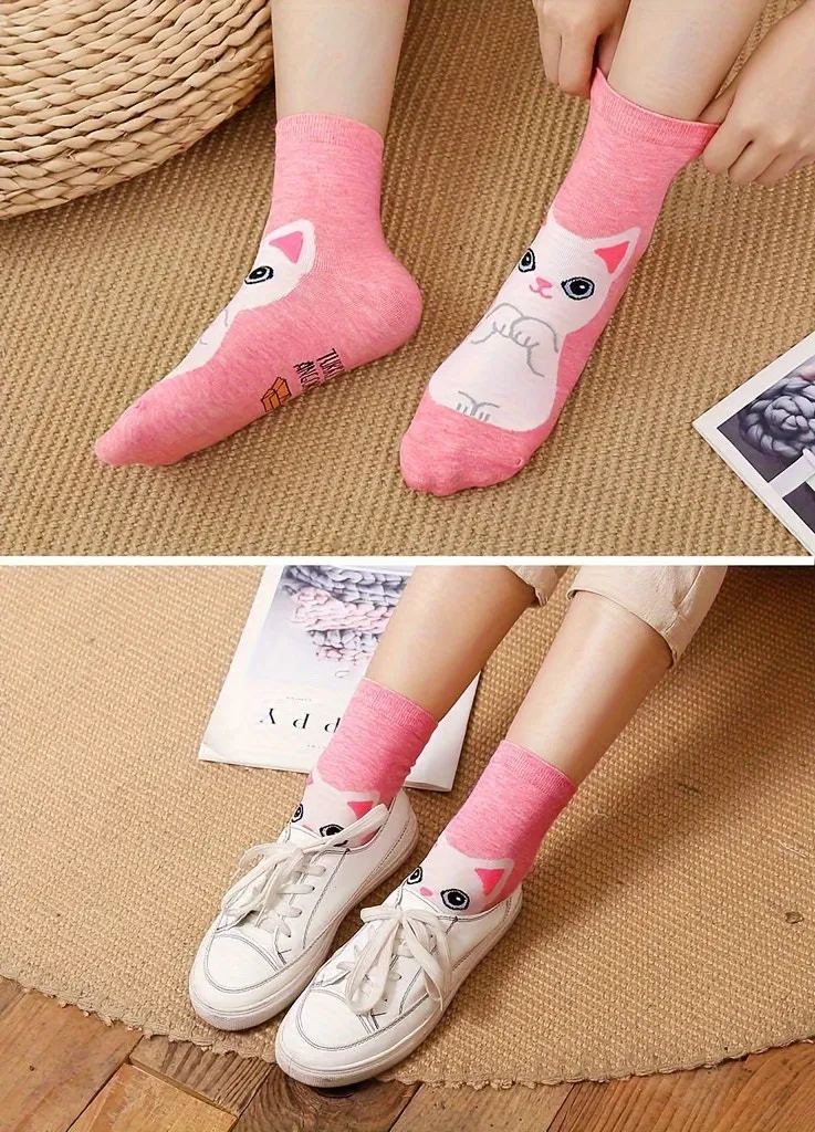 5 Paar Niedliche Cartoon-Katzen Knöchelsocken für Damen und Mädchen, Weiche Atmungsaktive Lässige Kurze Socken mit Tiermuster für den Alltag – Detail 4
