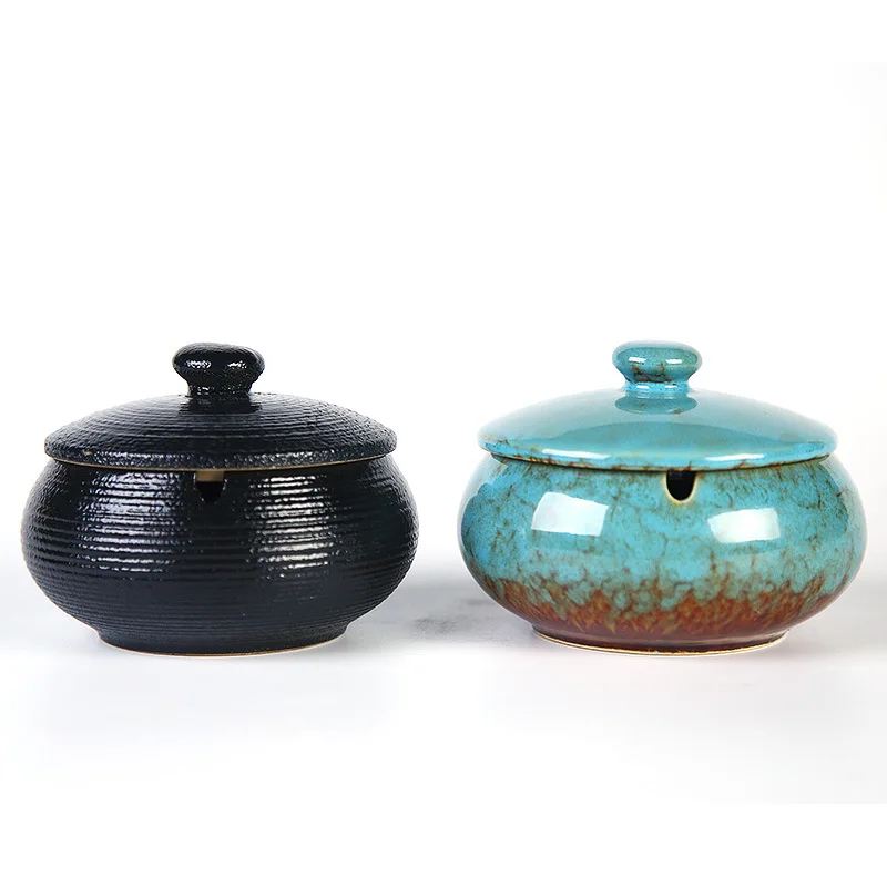 European Ceramic Ashtray with Lid Creative Kiln Change Glaze Decorative Desktop Ashtrays Living Room Retro Ash Tray Ornaments ceramic ashtray cigarettes ashtray