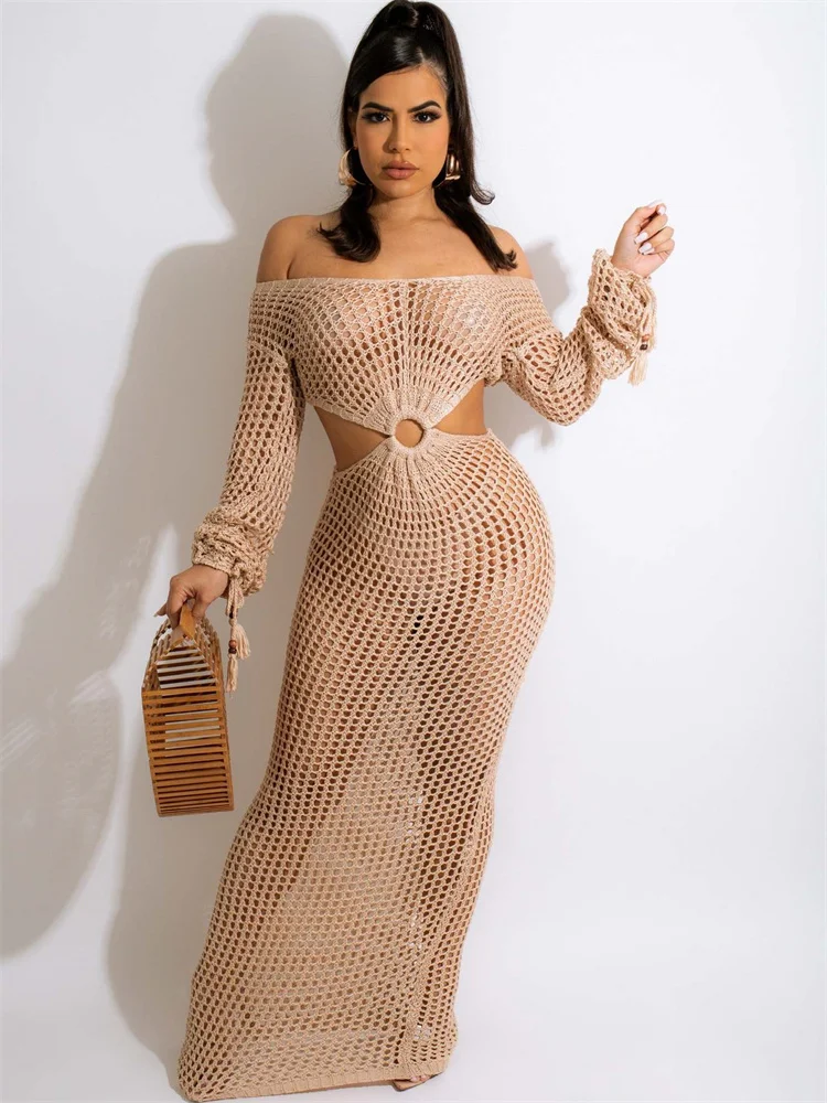 

Habbris Summer Sexy Knitted Hollow Out Maxi Dresses Club Outfit For Women 2023 Black Long Sleeve Party Sheer Long Dress Female