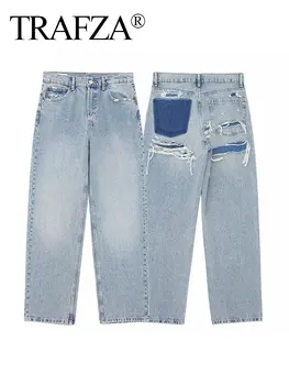 TRAFZA 2024 Moda di strada da donna Denim Blu Jeans Patchwork effetto consumato Vita alta Cerniera Fly Pantaloni lunghi retrò strappati 1