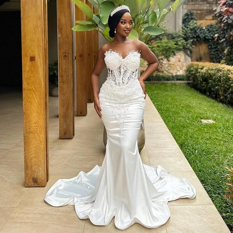 

New White Mermaid Wedding Dresses for Bride 2024 Sweet Heart Sweep Train Appliques Beading African Bridal Gowns robes de mariee