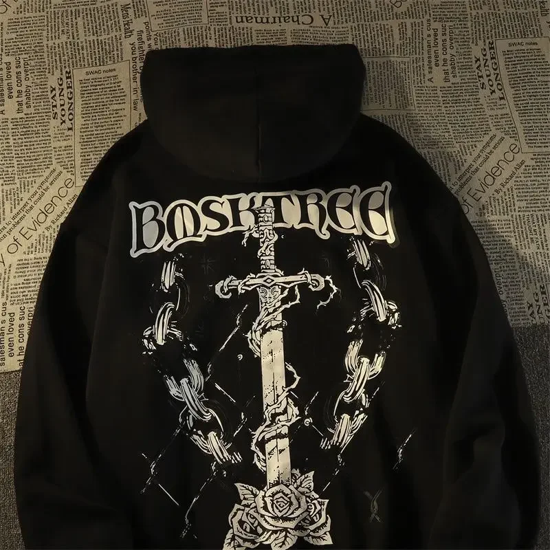 American Retro Dark Cross Rose Hooded Sweater for Men and Women Handsome and Loose Fitting Ins Trendy Brand Thin Coat TopClothes