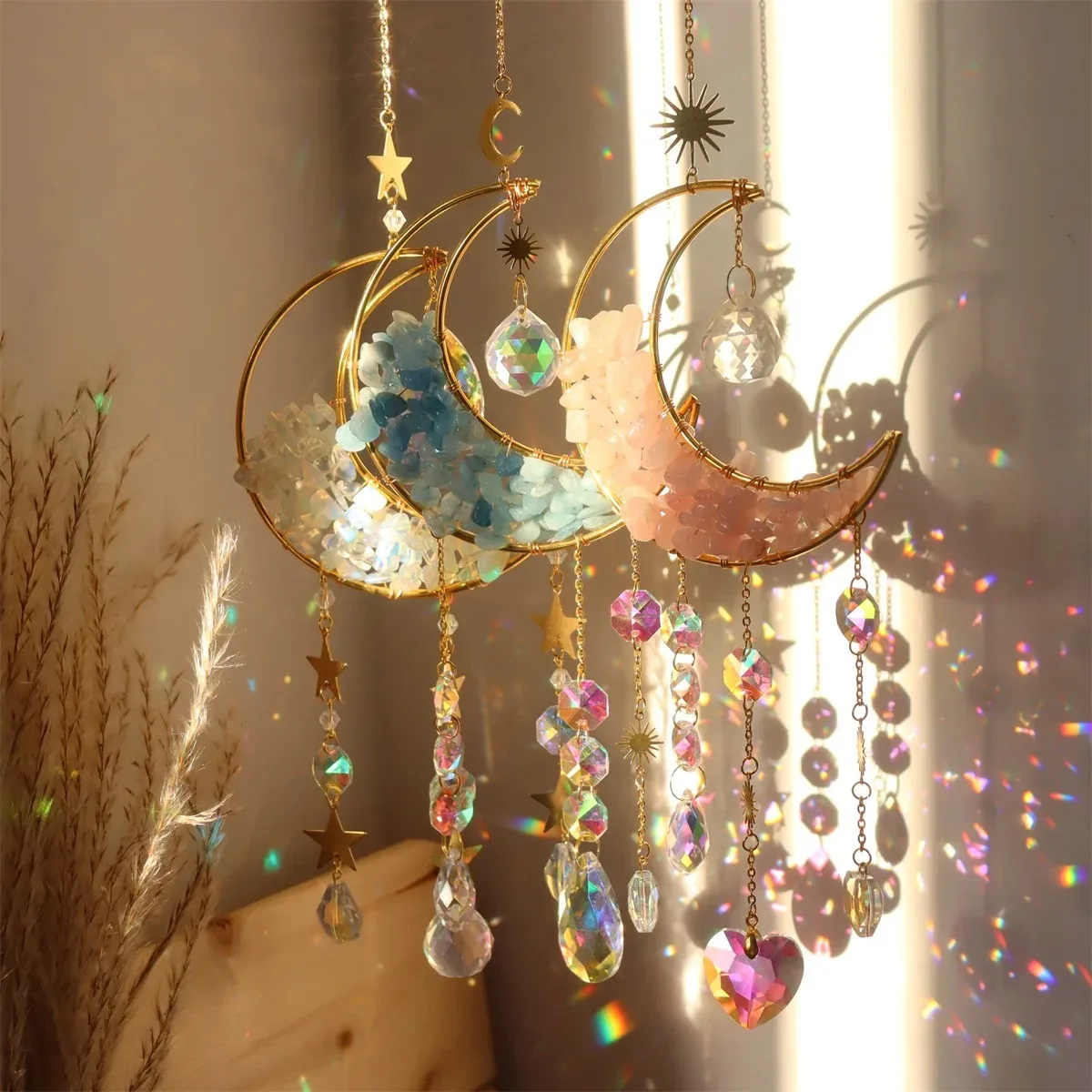 Crystal Sun Catcher Wind Chimes Wall Hanging Decor Prism Wind Bell Moon Catchers Rainbow Maker Bedroom Home Decoration Art Gift