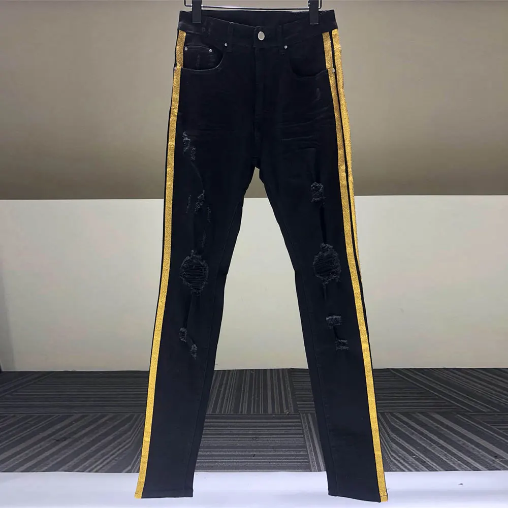 

Gold Side Stripe Patchwork Mens Jeans Skinny Flex Jeans 2022 High Quality Ripped Hole Jeans Mens Summer Brand Plus Hole Jeans