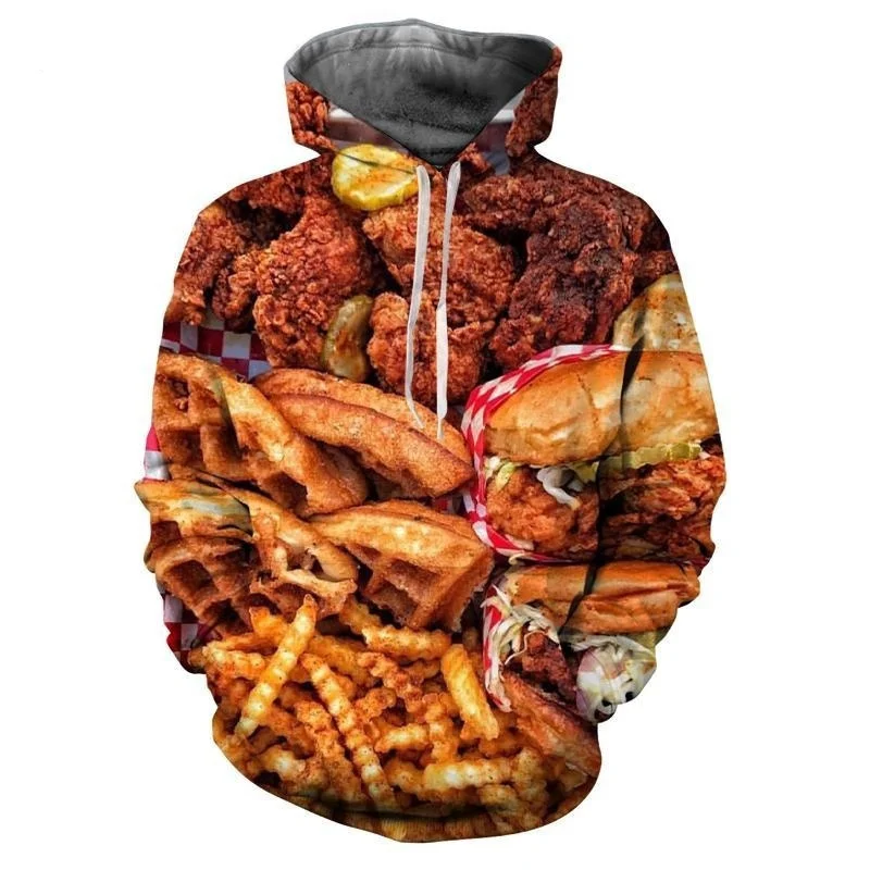thumbnail image 1 of Sudadera con capucha para hombre con estampado 3D de hamburguesas y patatas fritas, divertida sudadera informal de manga larga con estampado de comida rápida, sudadera holgada, 1 of 5