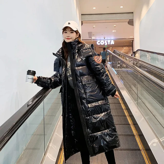 Women s Bright-Faced Down Cotton-Padded Jacket, Long Over Knee Hooded, Shoulder Patch Thick Warm, Suitable for Cold Winter, 2023