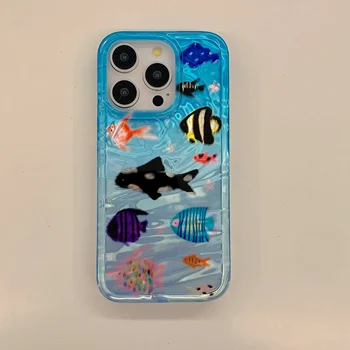 Korean Ins Ripple Texture Aquaria Lovely Fishes Case for iPhone 16 15 14 13 11 Pro Max Plus Back Phone Cover for 12 Pro Max 1