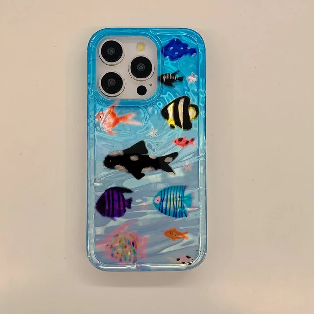 Korean Ins Ripple Texture Aquaria Lovely Fishes Case for iPhone 16 15 14 13 11 Pro Max Plus Back Phone Cover for 12 Pro Max 1