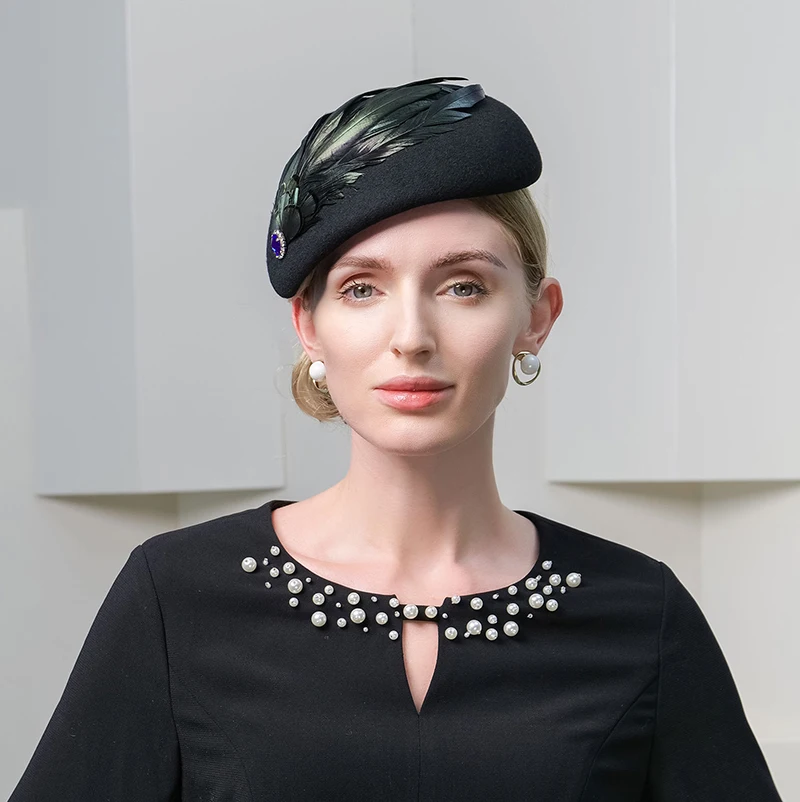 Königsblaue Baskenmütze aus Wollfilz für Damen, elegante Hut für Kirche, Cocktailparty, Fedoras mit Feder, Hochzeits-Fascinator – Detail 3