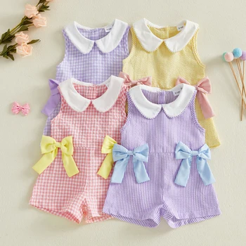 0-4Y Toddler Cute Doll Collar Jumpsuit for Girls Striped Bows Sleeveless Shorts Overalls 2026 Summer Casual Kids Clothes 1