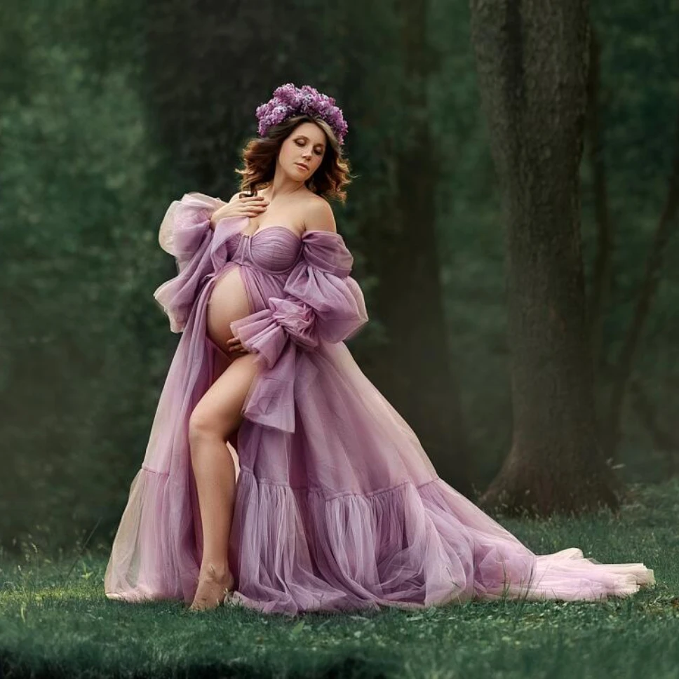 

Sexy Purple Maternity Robes for Photography Off Shoulder Long Sleeves Women Pregnancy Dresses Front Split Baby Shower Gowns