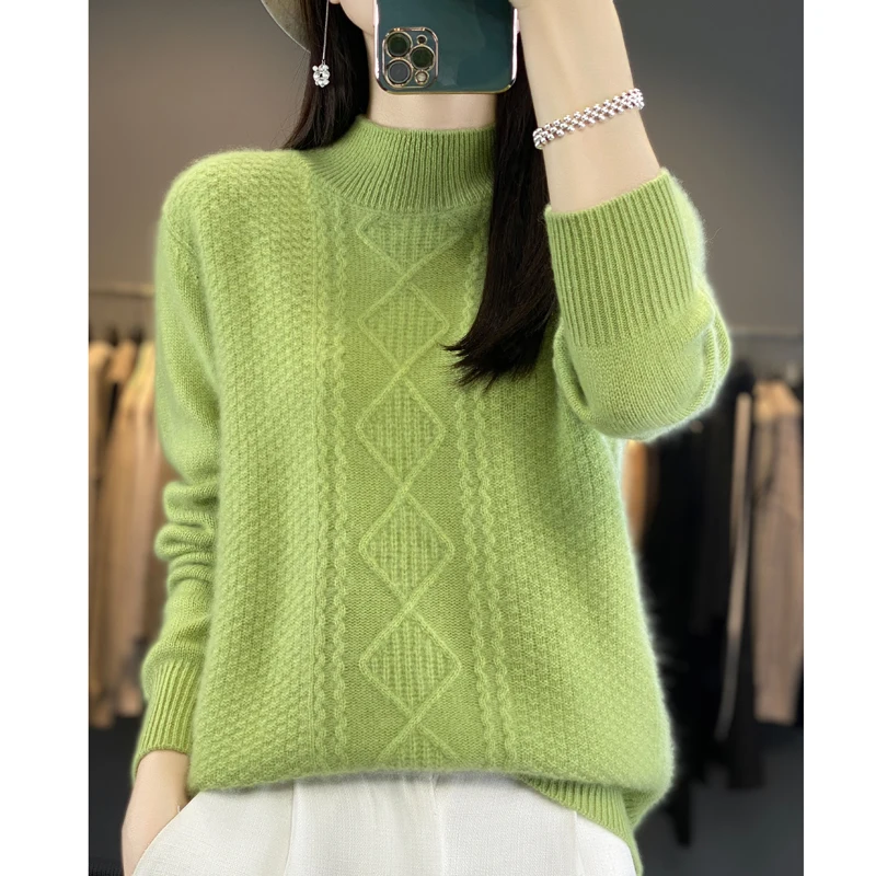 

2023 Autumn Winter New Woolen Sweater Women's High Neck Long Sleeve Pullover 100% Pure Wool Loose Heavy Duty Jacquard Sweater