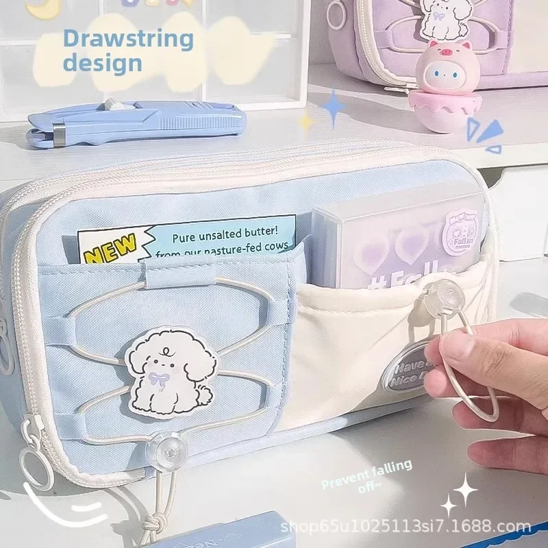 Adorable Multi-Layer High-Appeal Pencil Case Double Drawstring Cute Niche Stationery Box Canvas Material Made in China
