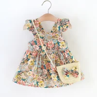 2 Pcs Summer New Baby Girl Dress Fashionable Floral Fly Sleeve Cotton Dress with Crossbody Bag Suitable for Babies Aged 0-3 1