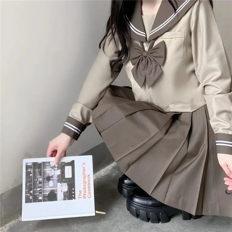 Girls' Japanese School Uniform JK Anime Cosplay Outfit Dark Brown Sailor Dress and Pleated Skirt Set Korean Fashion Costume