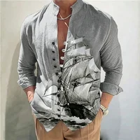Chemise à col montant pour homme, imprimé bateau à voile vintage, boutonnée, coupe décontractée, chemisier de plage pour les vacances 6