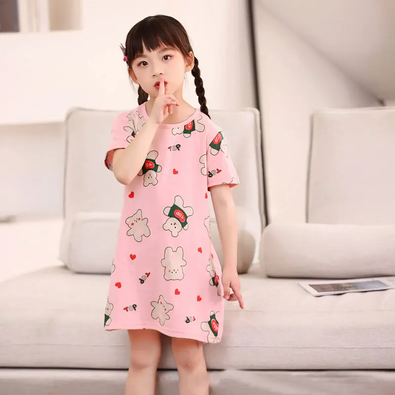 New Summer Girls Cotton Nightdress Baby Pajamas Short-sleeved Kid Girl Sleepwear Large Size Nightgowns for Girl 8 Years 14 Years