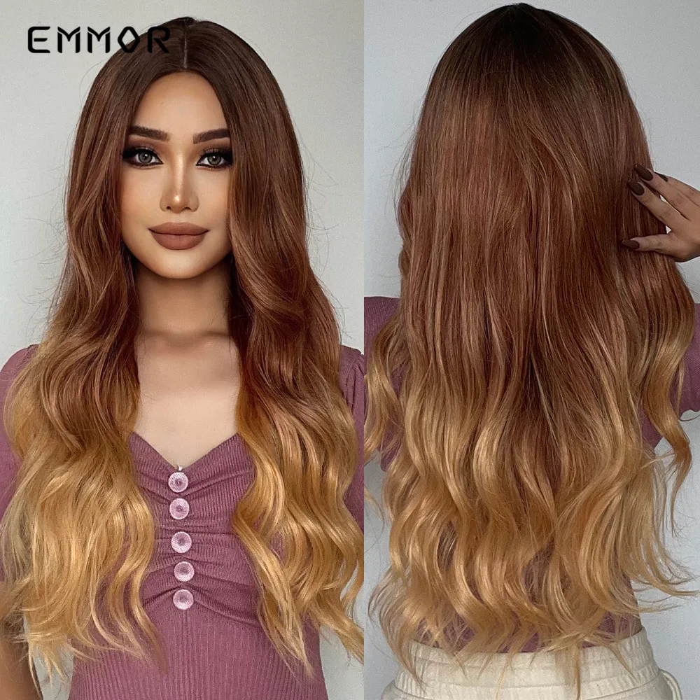 

Emmor Synthetic Long Wavy Ombre Brown to Blonde Wigs Natural Wave Hair Wig for Women High Temperature Layered Daily Ombre Wig