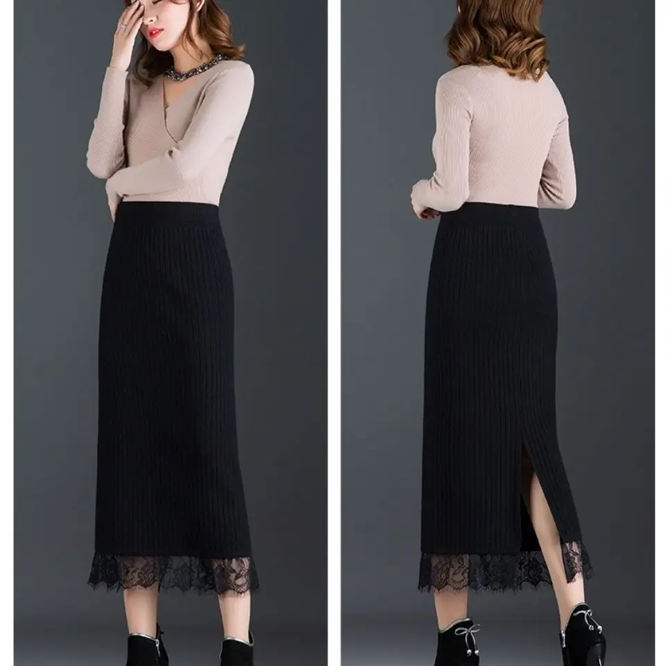 

Solid Color Knitting Autumn Winter Skirts Elasticity Straight High Waist Wrapper Hip Skirt with Lace Women All-match Skirt T466