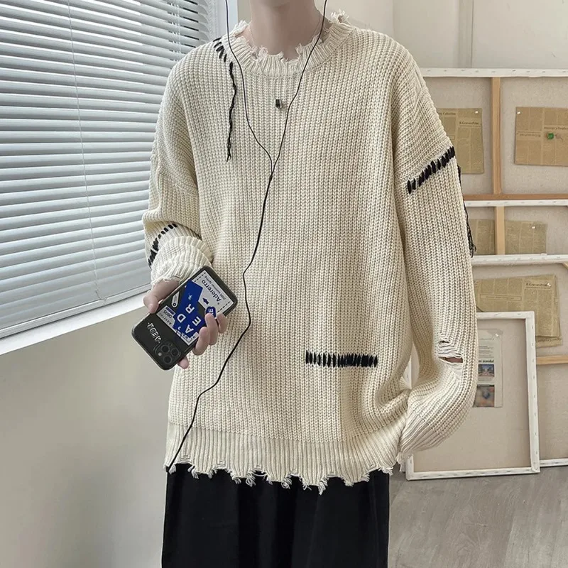 Spring Autumn Ins High Street Ripped Sweater Men's Hole Loose Lazy Knitted Pullover Harajuku Version Trend Student Streetwear