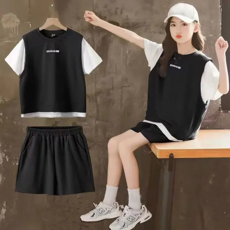 Summer Girl Suit Baby Short Sleeve Top +shorts 2pc Girls Outfits Loose Kids Sportswear Casual Children Clothing Sets