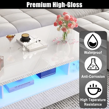 43 Inch LED Coffee Table w/2 Storage Drawers, Modern High Gloss Coffee Table w/Display Shelf, Rectangle 2-Tier Center Table 4