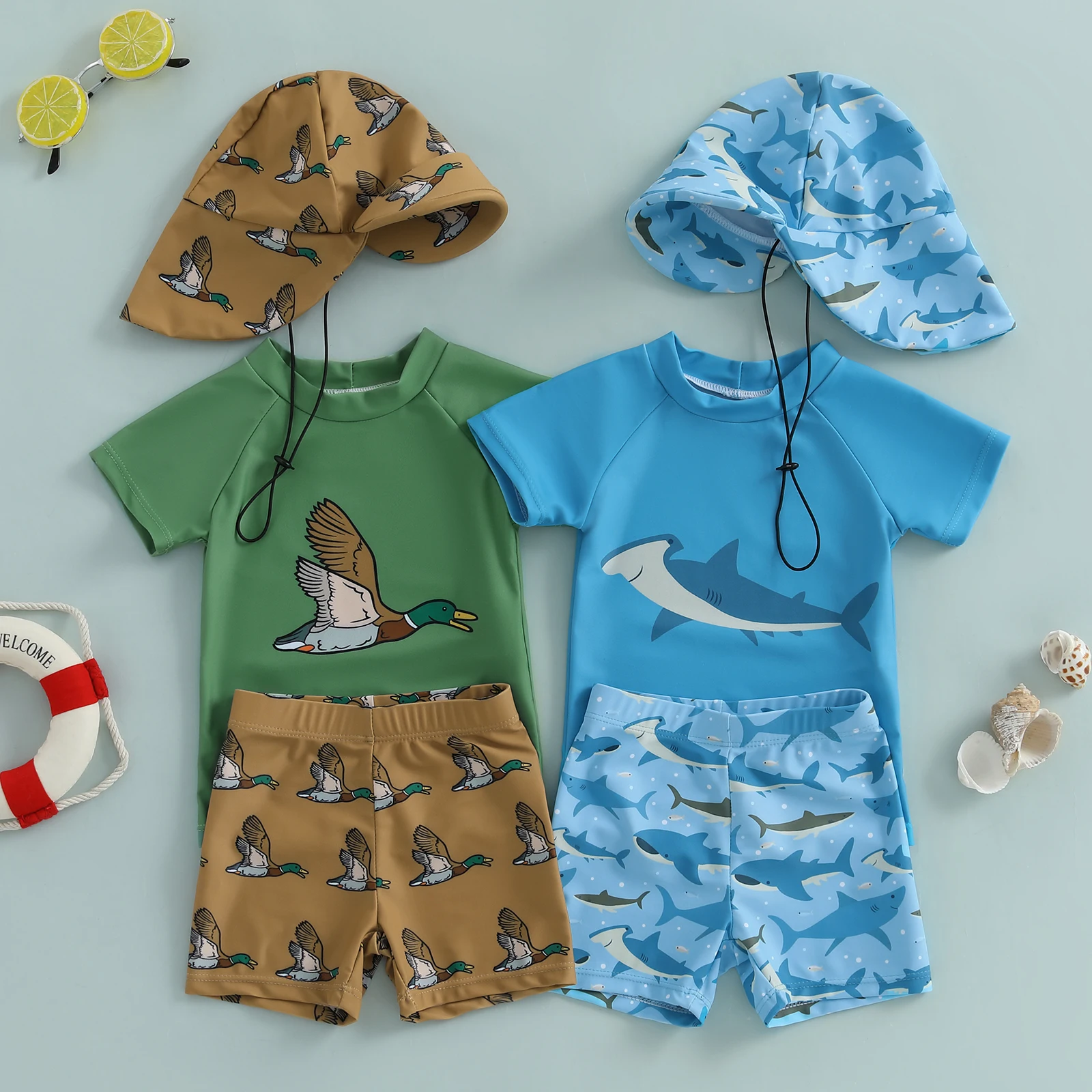 Infant Boys Summer Swimwear Fashion Children Swimsuit Shark/Duck Print Short Sleeve Bathing Suit Swim Hat 3 Pcs Set