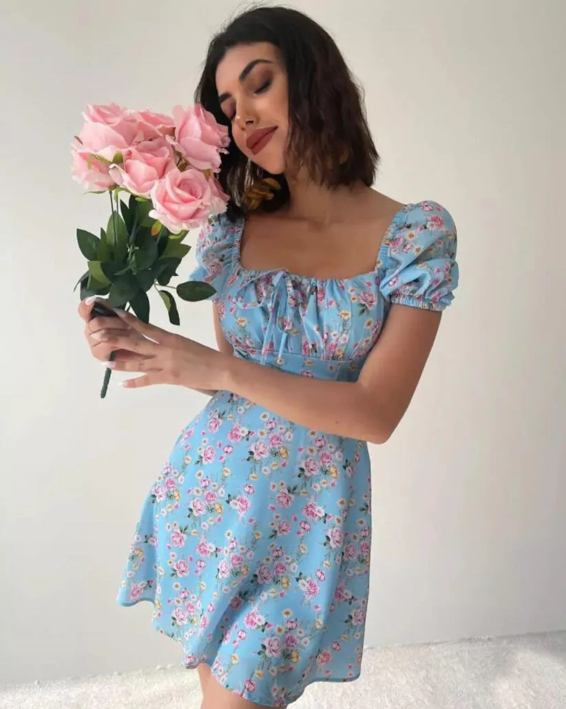 

New women's summer explosive fashion bubble sleeve floral small A skirt female dress summer