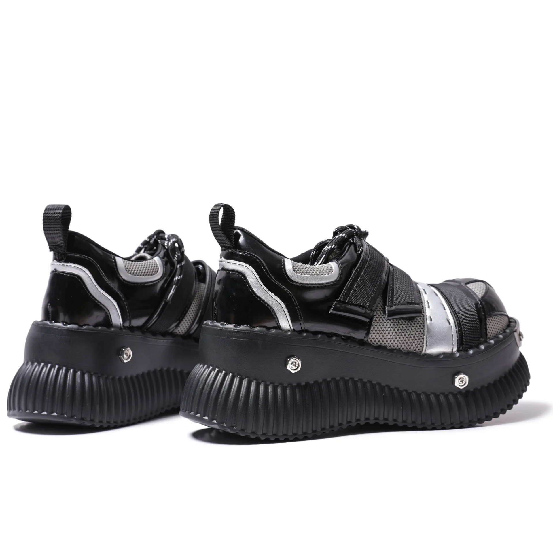 Black Punk Style Metal Decorate Height Increas Ankle Boots Glossy Thick Sole All-Match Casual Shoes Round Toe 7CM Heel Boots 5