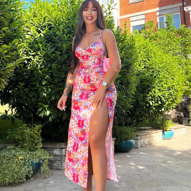 

Women Floral Print Strap V Neck Split Long Dress High Waist Backless Midi Robe Bodycon Dresses Summer Vacation Holiday Beachwear