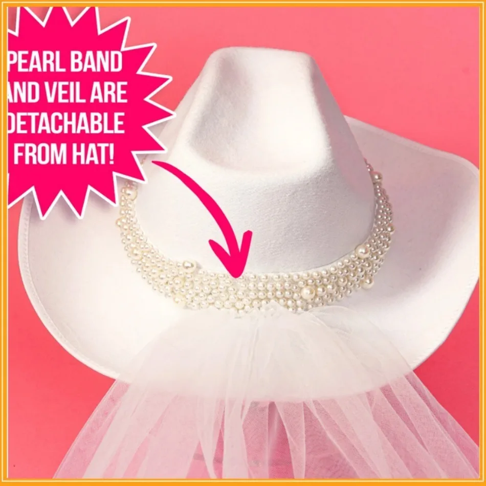 White Wide Brim Cowgirl Hat with Pearl Bride for Bachelorette Wedding Frcctre Bride Cowboy Hat with Veil for Bachelorette Party  main image 2