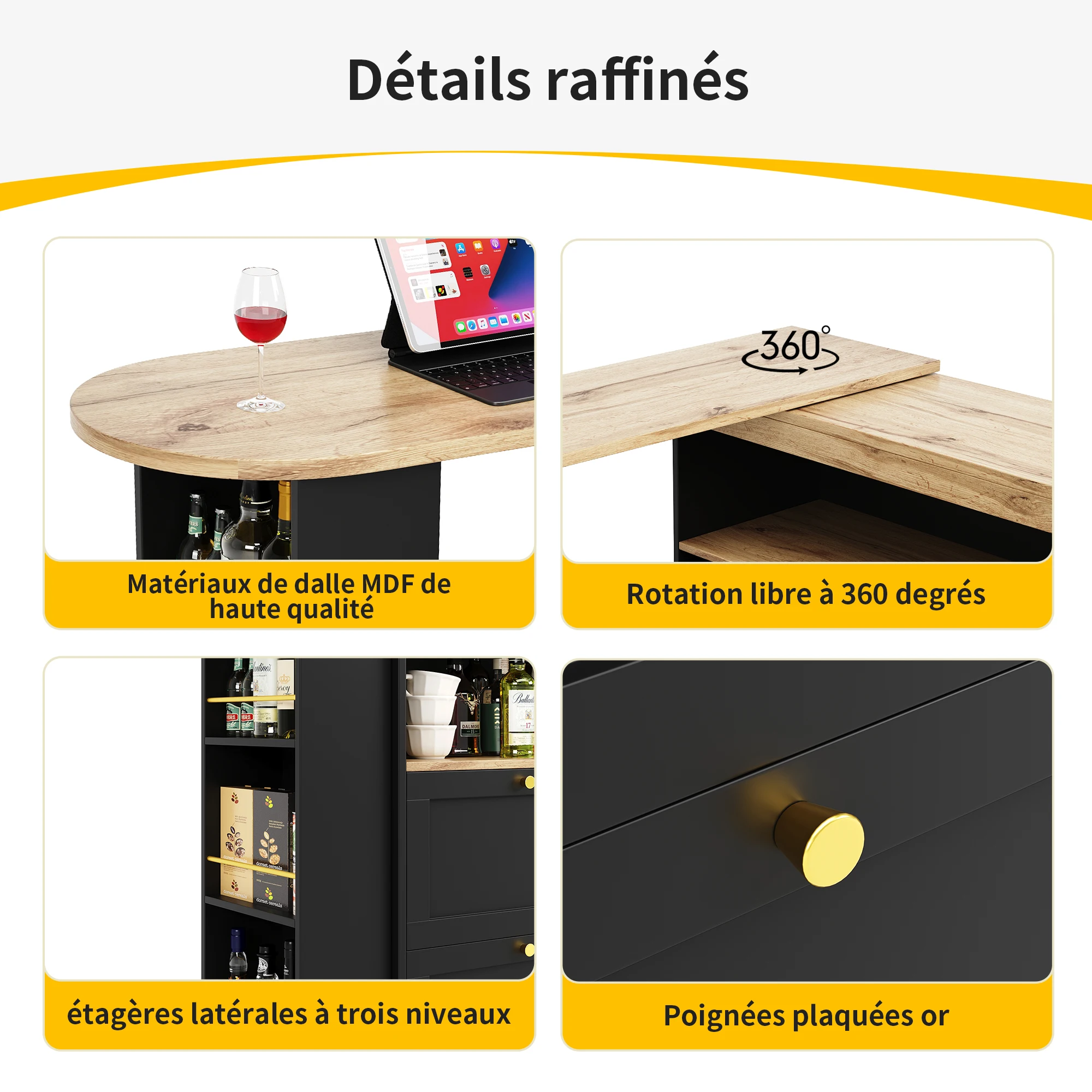 360 ° Drehbarer Bartisch (Hauptkörper 105 x 39 x 102 cm), mit 4 Schubladen und offenen Regalen, geeignet für Esszimmer/Arbeitszimmer/Wohnzimmer – Detail 24