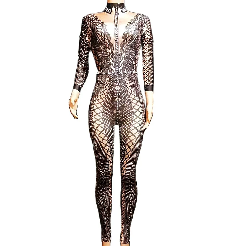 

Long Sleeve Lace Printed Spandex Skinny Bodysuit Women Shining Diamonds Stretch Club Wear Pole Dance Drag Queen Outfit Costumes