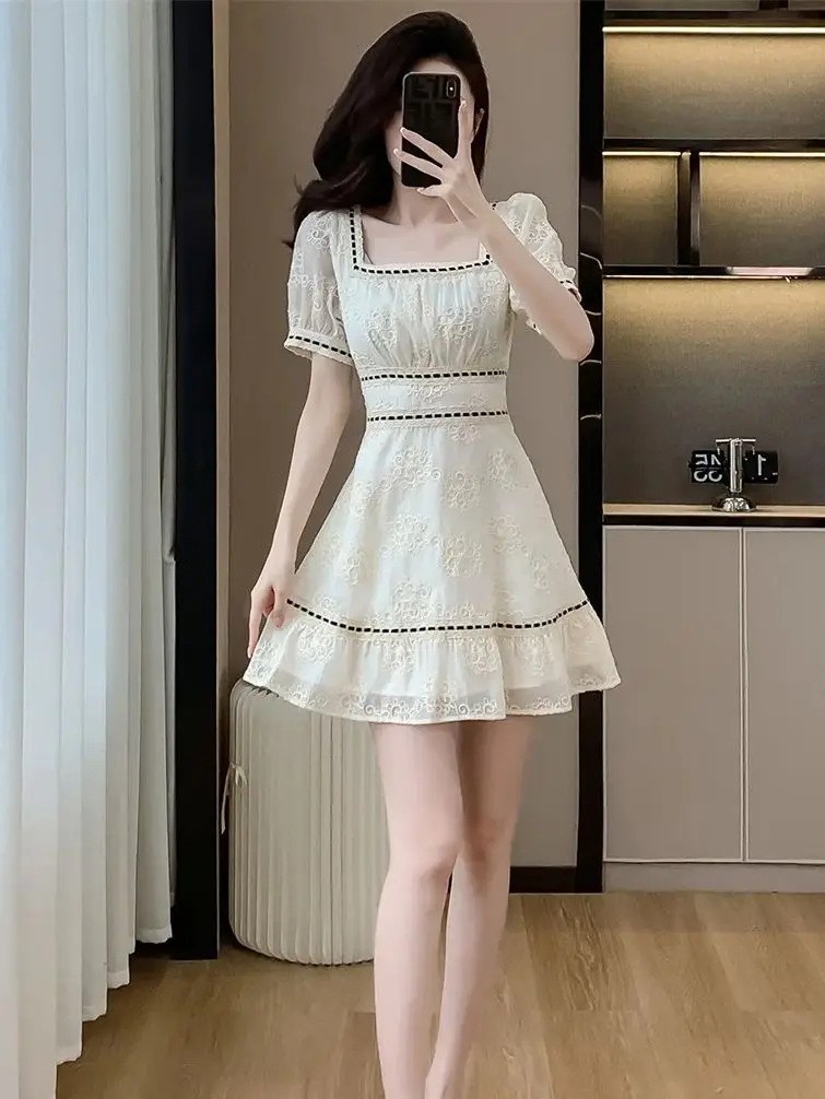 Gentle Wind Sweet Puff Sleeve Square neck Mini Dress Female