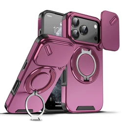360 Magnetic Ring Holder Case with Sliding Window Camera Protection Cover - iPhone 15 Plus (Cherry Red)