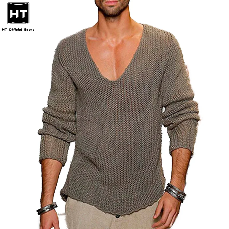 

New Men Casual Solid Sweater V-neck Loose Cotton Sweater Pullovers Men High Elasticity Fashion Slim Fit Male Pullover Plus Size